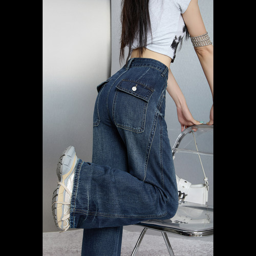 拉夏贝尔复古蓝高腰直筒牛仔裤女