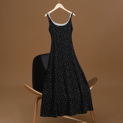 撞色拼接假两件吊带连衣裙中长裙