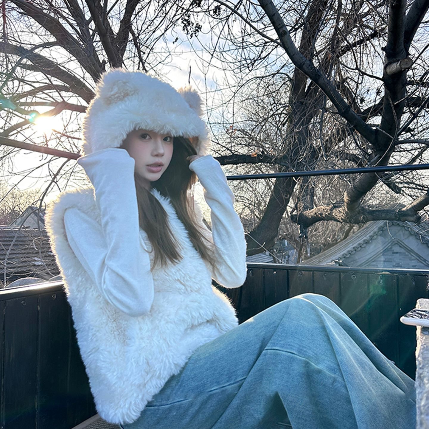 小熊耳朵羊羔毛皮草马甲女连帽毛毛外套小个子短款环保仿皮草背心