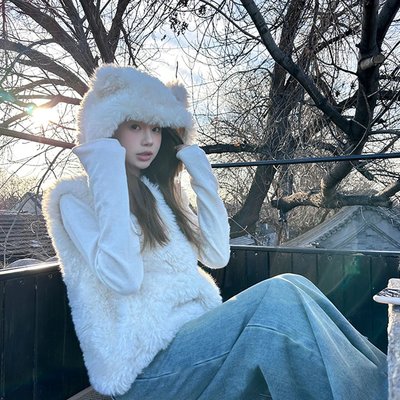 小熊耳朵羊羔毛皮草马甲女连帽毛毛外套小个子短款环保仿皮草背心