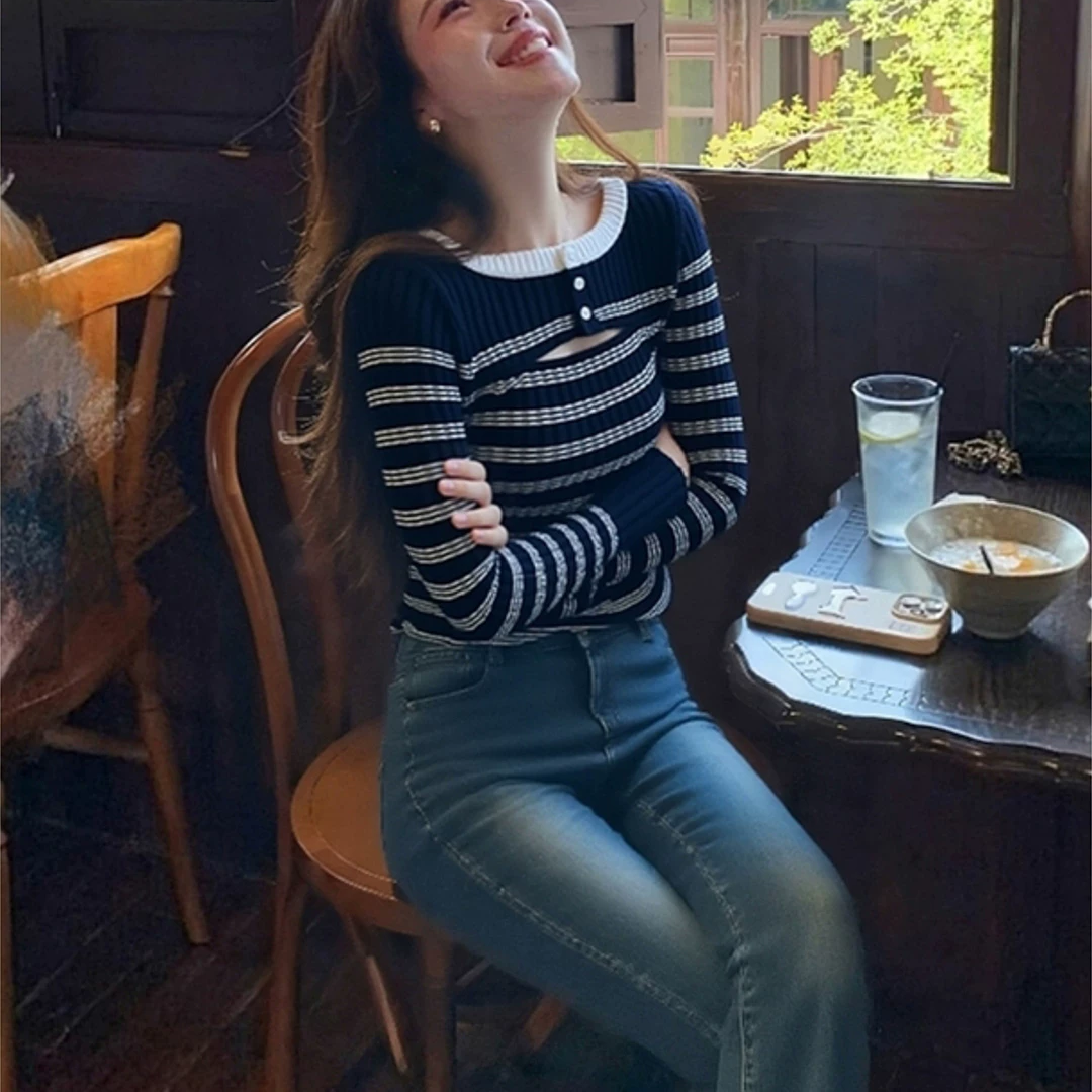 韩系慵懒松弛感上衣高级感chic别致条纹镂空长袖打底显瘦T恤女秋