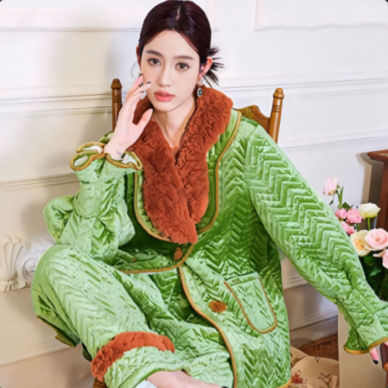大码秋冬季保暖睡衣女家居服套装