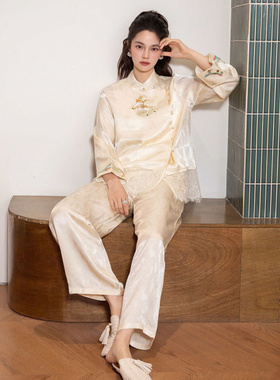 原创新款睡衣女春夏中国风新中式设计刺绣提花两件套带胸垫可拆卸