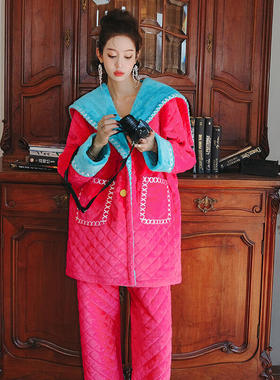 秋冬季原创连帽两穿刺绣夹棉睡衣女三层加厚加棉两件套家居服套装