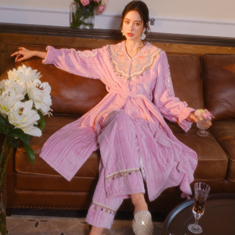 民族风香芋紫珊瑚绒女士睡袍系带两件套装半边绒可外穿家居服套装