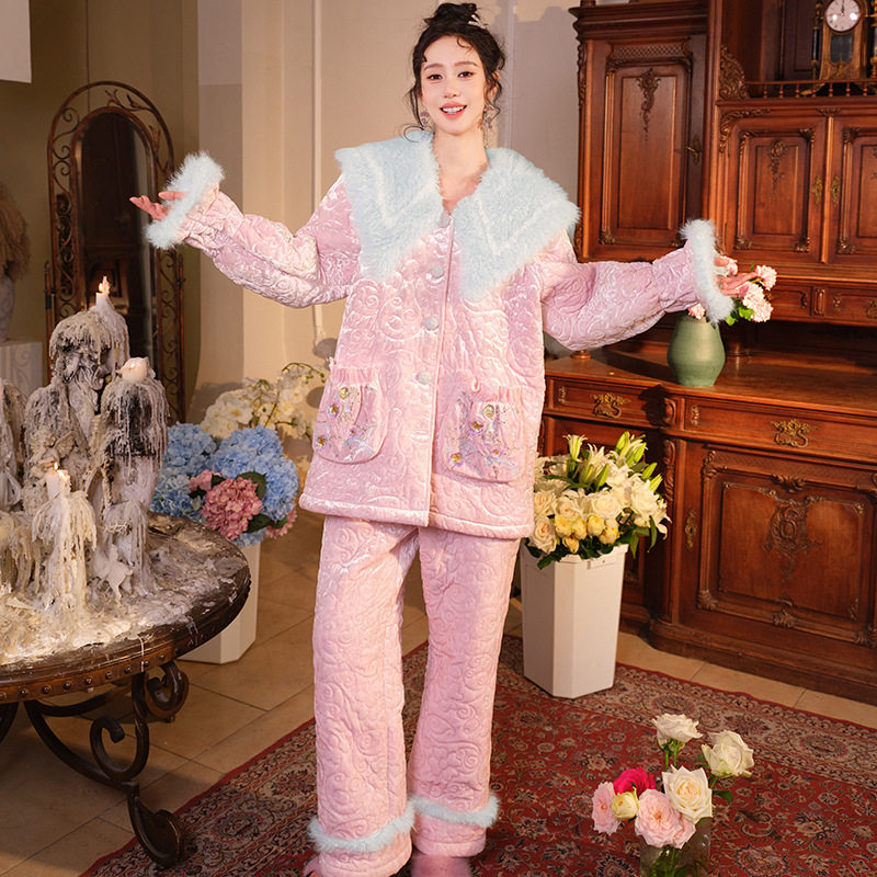 秋冬季奢华丝绒刺绣三层加厚夹棉睡衣女款冬宽松加绒两件套家居服,女士内衣/男士内衣/家居服,睡衣/家居服套装,淘宝优惠券,粉丝福利购,淘宝优惠卷