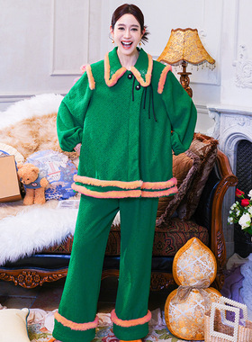 原创新中式家居服套装高级感玫瑰花绒法兰绒时尚睡衣女款两件套