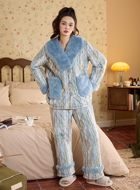 秋冬季新款冰川原创家居服时尚睡衣女款三层夹棉可外穿家居服套装