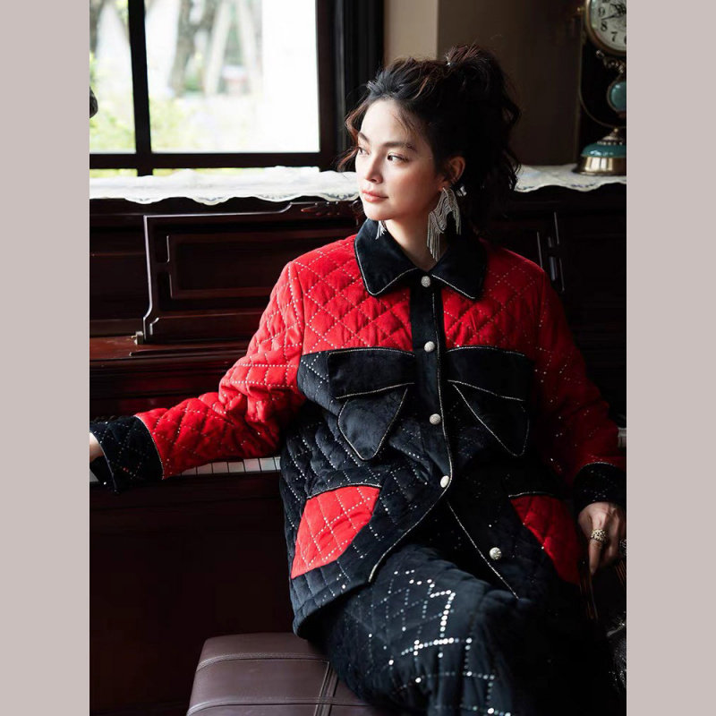 时尚水钻新款大码高级睡衣女款加厚夹棉长袖长裤可外穿家居服套装