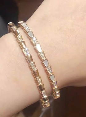 欧美蛇骨白贝母相简18K金玫瑰金黄金螺丝手镯女款轻奢镶钻手环女