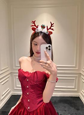 叮叮当叮叮当红色鹿角礼盒发箍圣诞发饰闺蜜探店拍照出片头饰道具