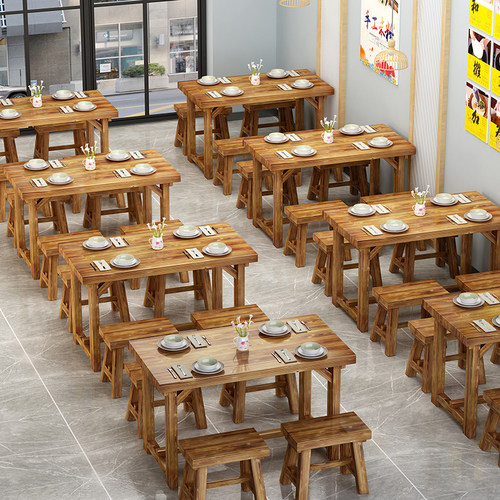 面馆桌椅饭店小吃店桌椅快餐桌椅组合实木餐馆食堂餐桌烧烤碳化桌