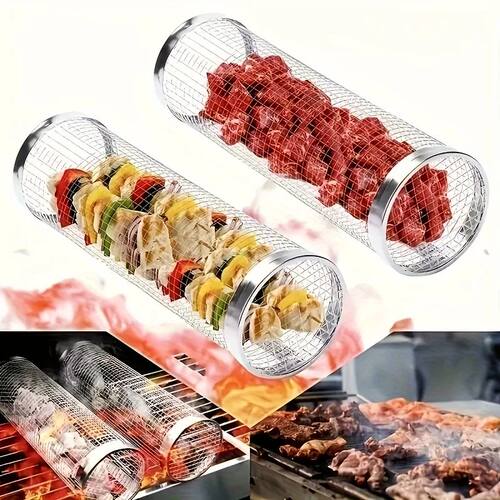 2pc Stainless Steel Rolling Grill Basket Set - Heavy Duty Cy