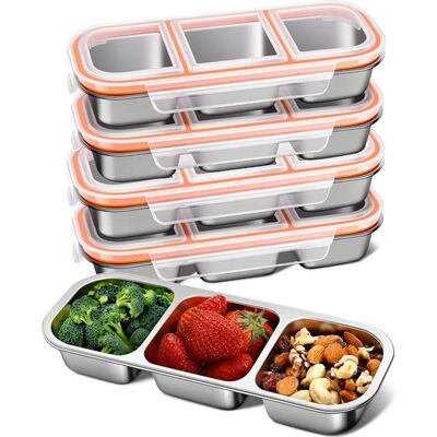 304Stainless Steel Snack Containers 5 Pack Leak Proof 3 Comp