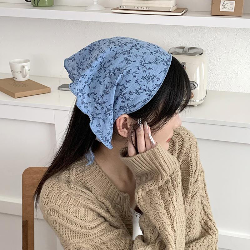 帽子头巾女烘焙工作帽蛋糕店厨房头巾女防油烟蓝碎花发带丝巾系腰