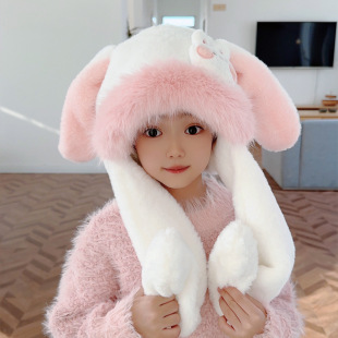 可爱加厚毛绒兔子帽子秋冬耳朵能动的帽子儿童竖长耳朵头套女孩款
