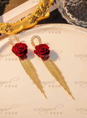 naingirl红色玫瑰花朵925银针耳环镶钻流苏长款耳饰设计感E3084