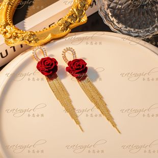 naingirl红色玫瑰花朵925银针耳环镶钻流苏长款耳饰设计感E3084