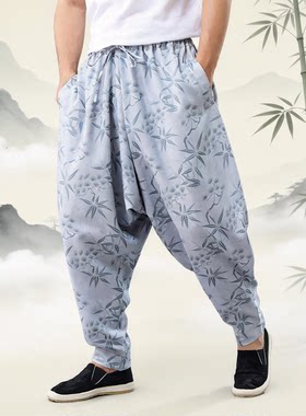 夏季弧形松竹裤松紧腰男式两侧有口袋休闲裤垮裤练功裤太极裤