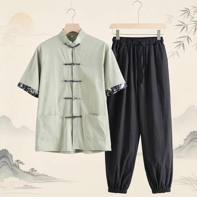 夏季唐装男士薄款短袖套装中国风复古立领盘扣中式禅修半袖两件套
