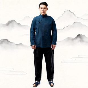 中国风男式休闲风衣盘扣上衣 26秋季新款斜襟燕尾衣中长款修身型