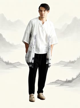 26夏季新品中国风男装 雪纺遮阳衫男 不规则下摆遮阳衣 薄外套