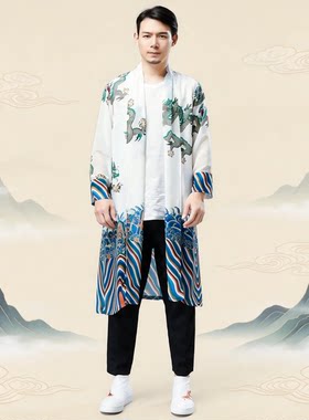 夏季中国风 印龙雪纺领 休闲宽松款雪纺长袖衬衫男中长款古风外套