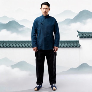 26秋季中国风男式休闲风衣盘扣上衣 新款斜襟燕尾衣中长款修身型