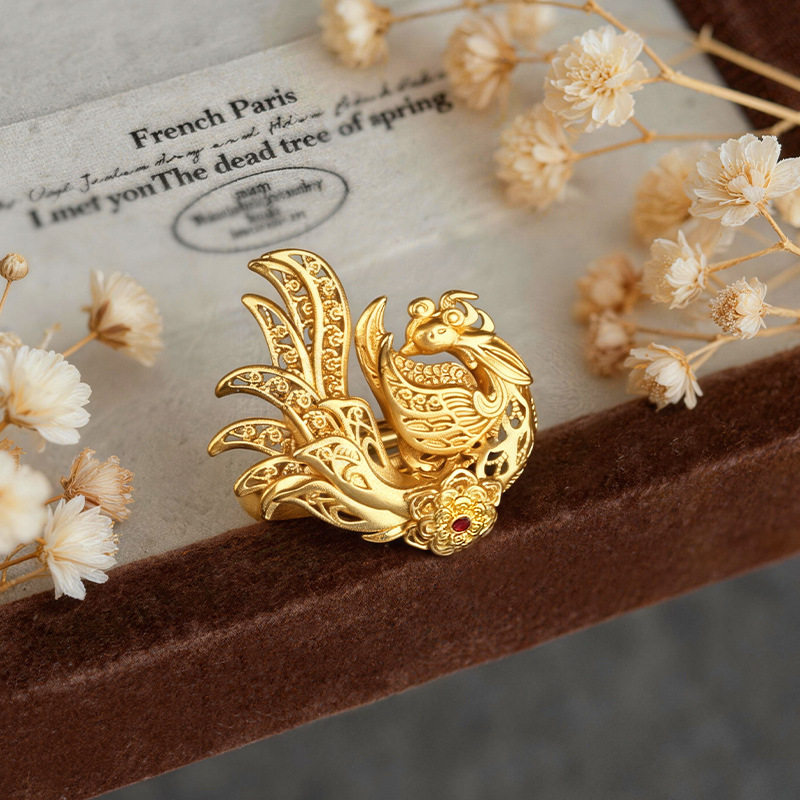 金店同款越南沙金有凤来仪凤凰仿真金古法金女款新娘婚嫁活口戒指