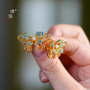 金店同款越南沙金珐琅花丝蝴蝶耳钉女宫廷风精致汉服旗袍耳饰