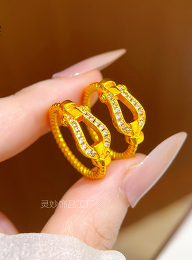 同款越南沙金满钻马蹄扣戒指扭纹麻花食指戒叠戴精致时尚送女礼物