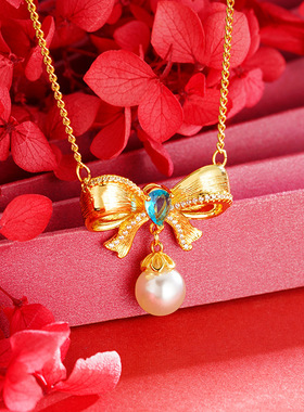 黄金在逃公主蝴蝶结项链吊坠宝石仿珍珠沙金甜美黄金小众锡金饰品
