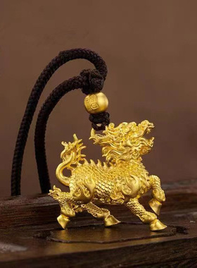 沙金火麒麟吊坠霸气祥瑞麒麟挂件哑光转运珠配件百福锡金首饰品