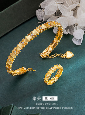 黄金拉丝蝴蝶结钻戒手镯女越南沙金古风镶嵌精致高级感气质食指戒