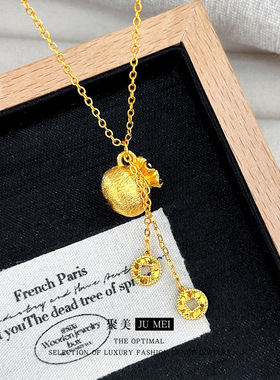 新中式设计感拉丝小福袋项链女越南沙金钱袋一体链碎冰冰钱币流苏