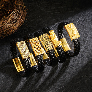 古法沙金个性皮绳手链滴油貔貅算盘万福男士霸气手饰锡金手饰黄金