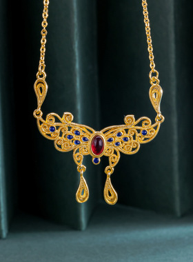 越南沙金花丝庄生梦蝶套链女锁骨链蝴蝶红宝石凤尾链黄金项链首饰