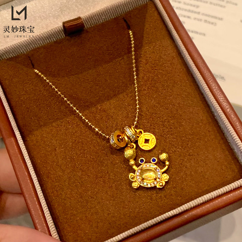 金店同款沙金点钻拉丝螃蟹吊坠项链手到钱来跑环锁骨链百搭送女友