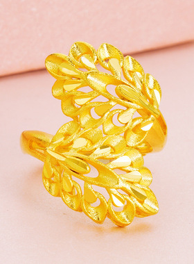 3D硬金爱情密语羽毛开口戒指女沙金999黄金树叶指环