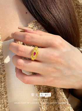 华焰流影女款越南沙金戒指轻奢高级感复古宫廷风设计感红宝石戒指