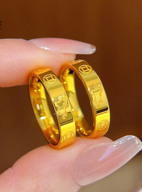 金店同款越南沙金镜面马上有钱铜钱戒指素圈生肖马闭口指环送女友