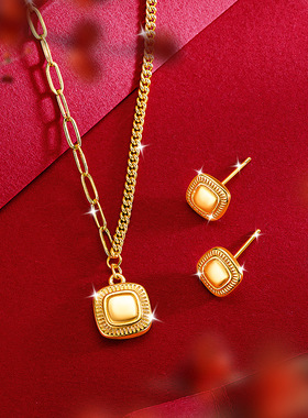 小红书网红周家同款流金岁月小面项链耳钉套装沙金黄金保色首饰