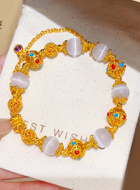 新中式古法越南沙金珐琅彩幻紫花珠猫眼手链花丝珠手串复古送女友