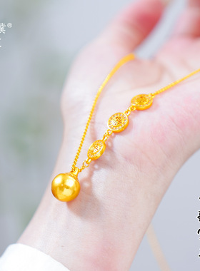 金店同款越南沙金镶钻福字有求必应项链新中式圆球大金珠锁骨链女