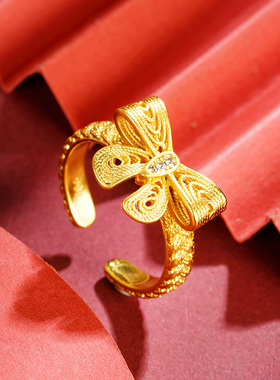 古法越南沙金清新甜美蝴蝶结戒指在逃公主同款久不掉色锡金饰品