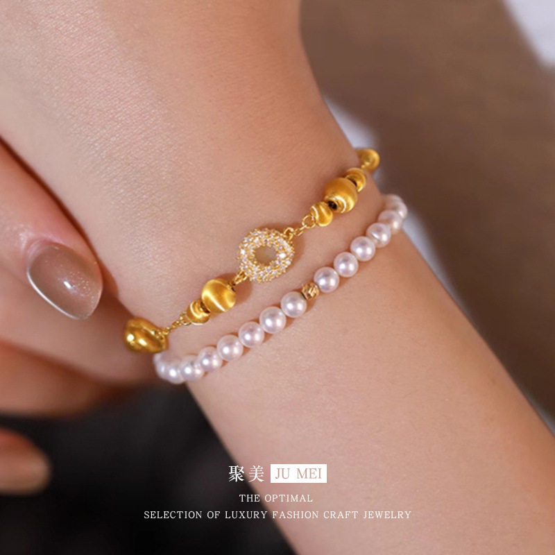 设计高级感精致小众越南沙金甜甜圈点钻黄金色扣猫眼珠手链女