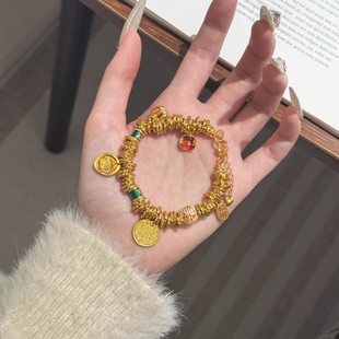 古法金越南沙金五路财神盘缠手链女热款烧蓝珐琅小胖福路路通手链