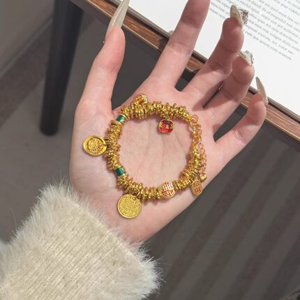 古法金越南沙金五路财神盘缠手链女热款烧蓝珐琅小胖福路路通手链