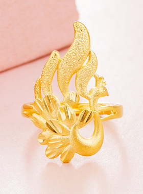 越南沙金真金孔雀女士开口锡金戒指凤凰指环新娘结婚黄金饰品