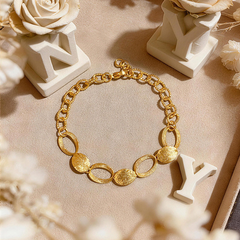 中古仿真金椭圆拉丝手链女款轻奢小众精致高级感越南沙金拉丝手饰